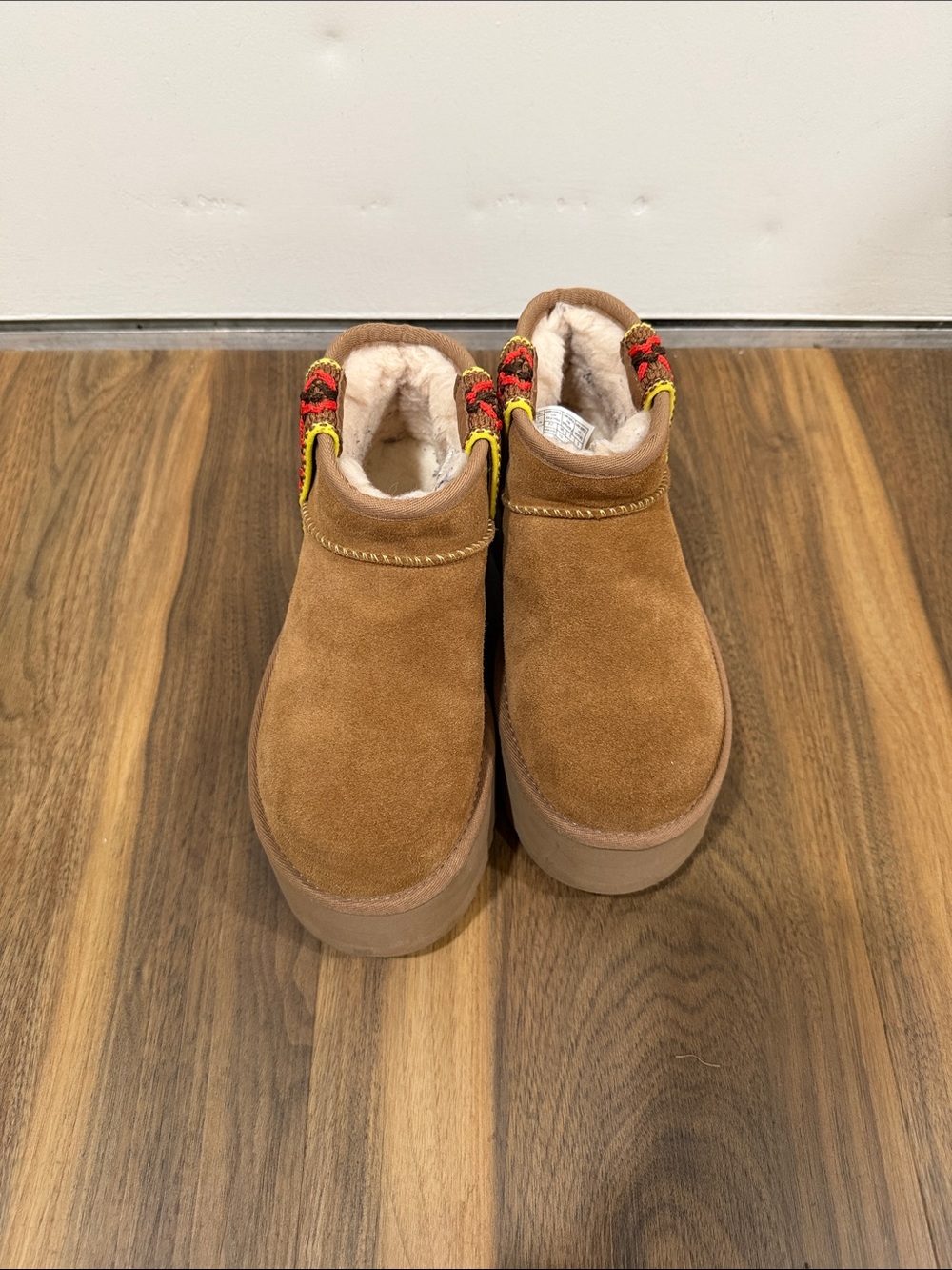 UGG Chestnut Suede Ankle Booties with Red and Yellow Accents - Picture 3 of 3